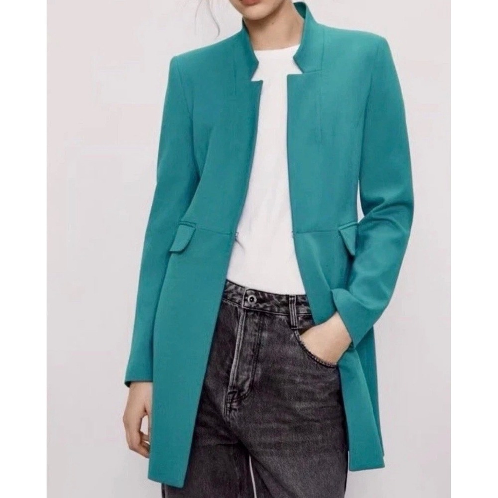 Zara Womens Teal Green Longline Open Front Blazer Notched Collar Size S